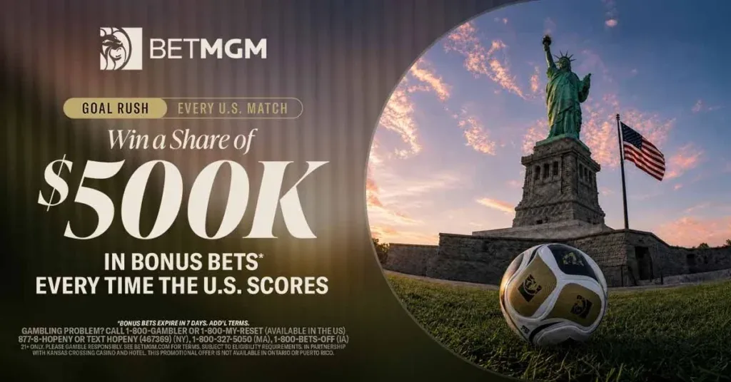 BetMGM Goal Rush promo graphic advertising a share of $500k in Bonus Bets every time the U.S. scores, with the Statue of Liberty, a soccer ball, and responsible gambling disclaimer text.