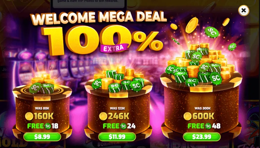 Baba Casino 100% First Purchase Bonus showing three discounted Gold Coin packages for new players