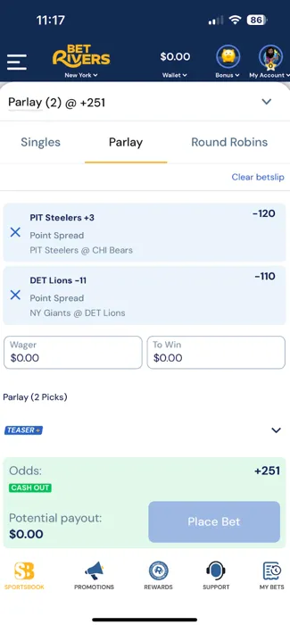 BetRivers bet slip showing options for singles, parlays, and Round Robins