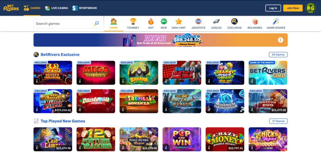 BetRivers online casino game selection on the desktop site