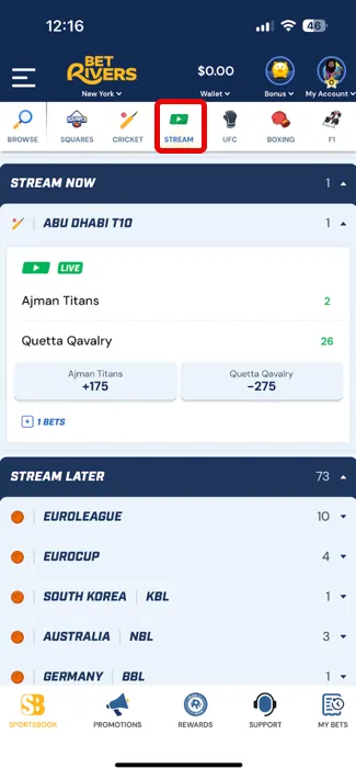 BetRivers app showing live streaming options for sporting events