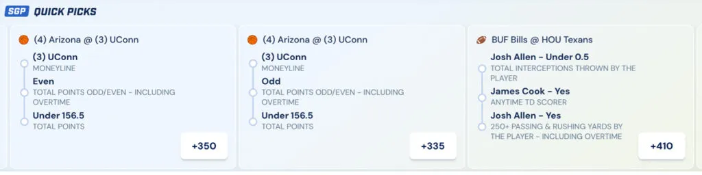 BetRivers Quick Picks feature showing pre-built same-game parlays