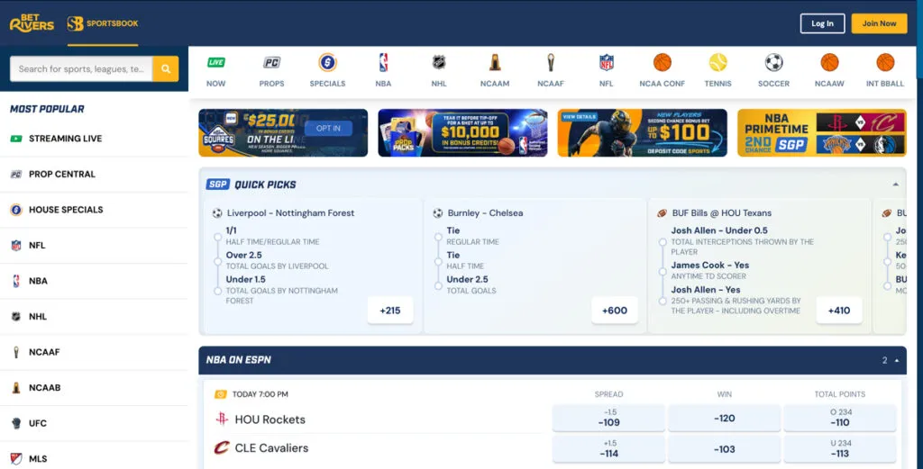BetRivers online sportsbook interface on desktop