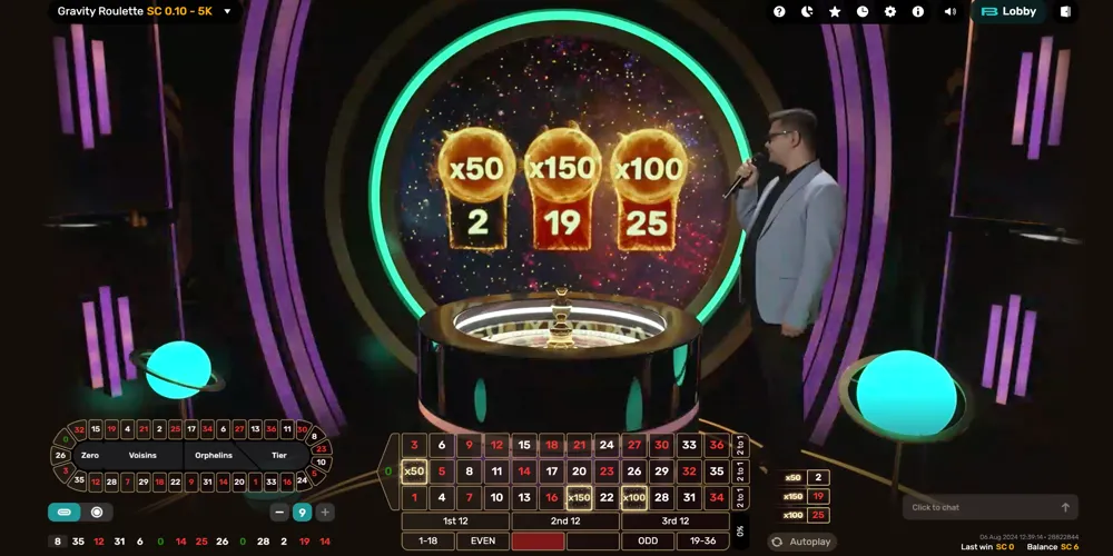 Gravity Roulette live dealer gameplay at a Delaware sweepstakes casino