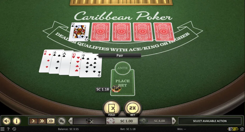 Caribbean Poker game in progress at a New Hampshire social casino, showing virtual cards, chips, and betting options