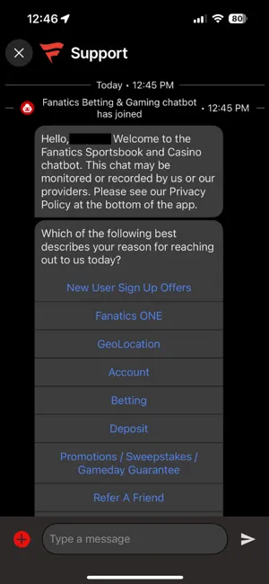 Fanatics Sportsbook customer-support chatbot screen