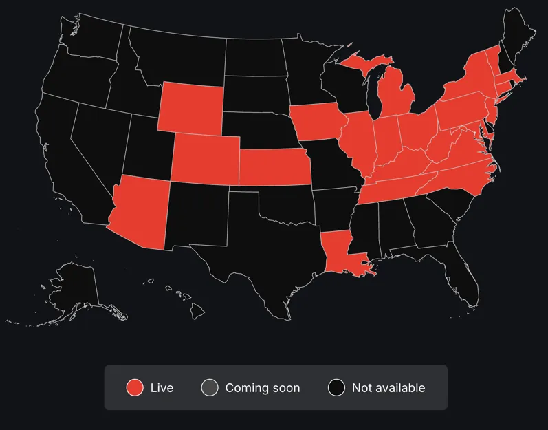 Map of Fanatics Sportsbook legal states