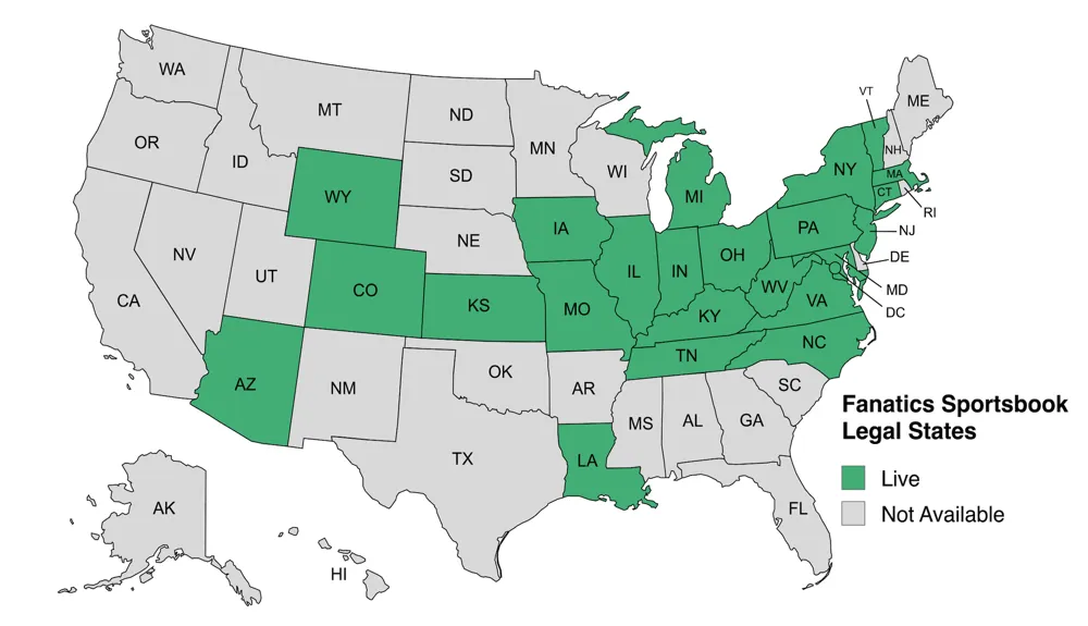 U.S. map showing Fanatics Sportsbook legal states