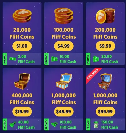 Fliff Coin packages showing different purchase amounts