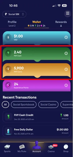 Fliff wallet showing Fliff Coins and Fliff Cash balances
