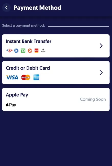 Fliff payment methods showing bank transfer, debit cards, credit cards, and Apple Pay