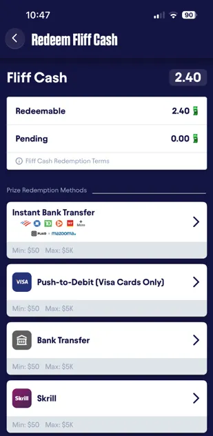 Fliff prize redemption screen with multiple cash-out methods listed