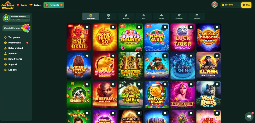 Fortune Wheelz Casino main page displaying a variety of slots, table games, sweepstakes options, and player account features