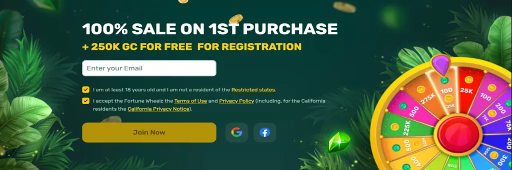 Fortune Wheelz Casino promotion highlighting 100% bonus on your first Gold Coins purchase
