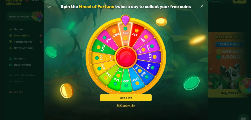 Fortune Wheelz Daily Login Bonus image showcasing two free daily spins on the Wheel of Fortune