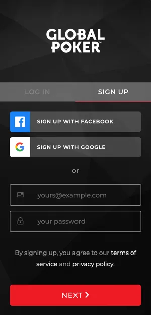 Global Poker registration screen with Facebook, Google, and email sign-up options