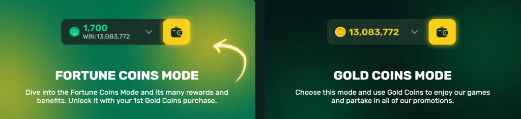 Guide showing how players can easily switch between Gold Coins and Fortune Coins at Fortune Wheelz Casino