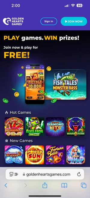 Golden Hearts Games Mobile Website