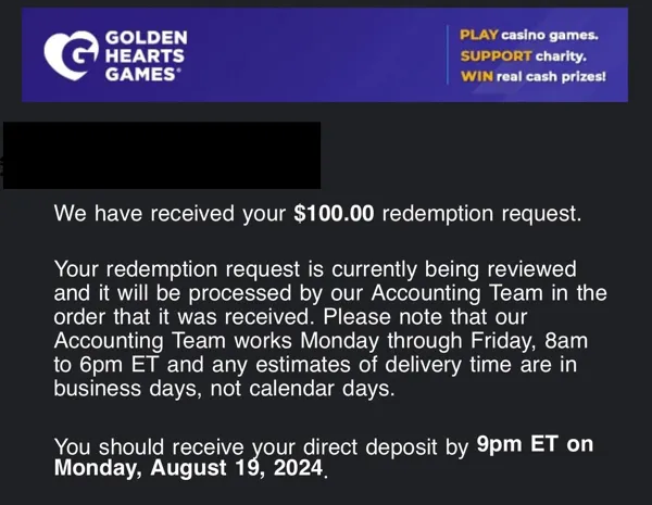 Golden Hearts Games Prize Redemptions