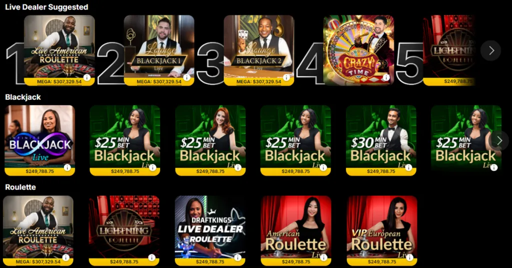 Live dealer lobby at a Connecticut online casino site