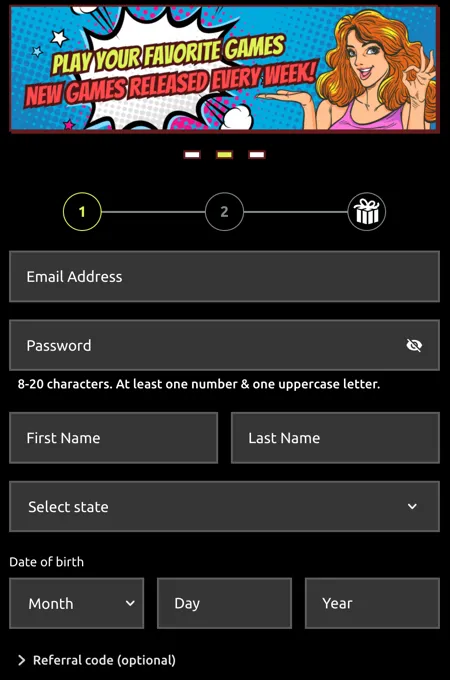 Hello Millions registration form showing an optional referral code box