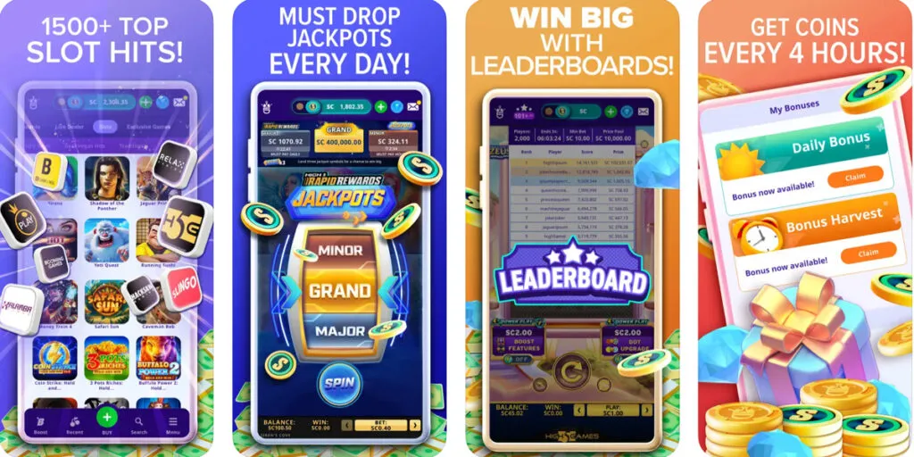 Preview of the High 5 Casino app, showing slot titles, jackpots, leaderboards, and free coin promotions