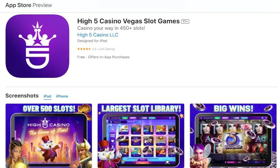App Store preview of the High 5 Casino mobile app for iOS devices