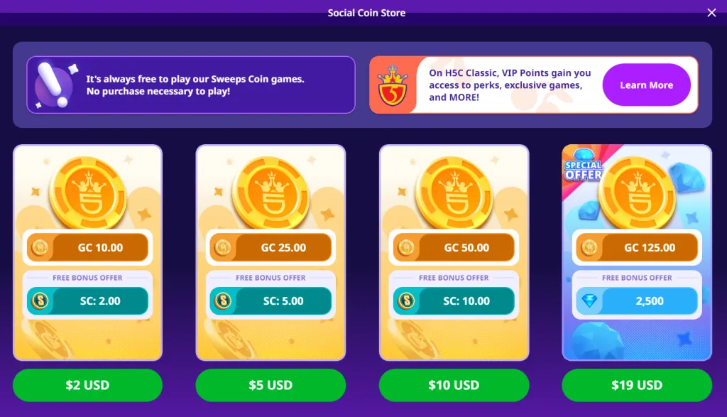 High 5 Casino Social Coin Store showing GC packages for sale