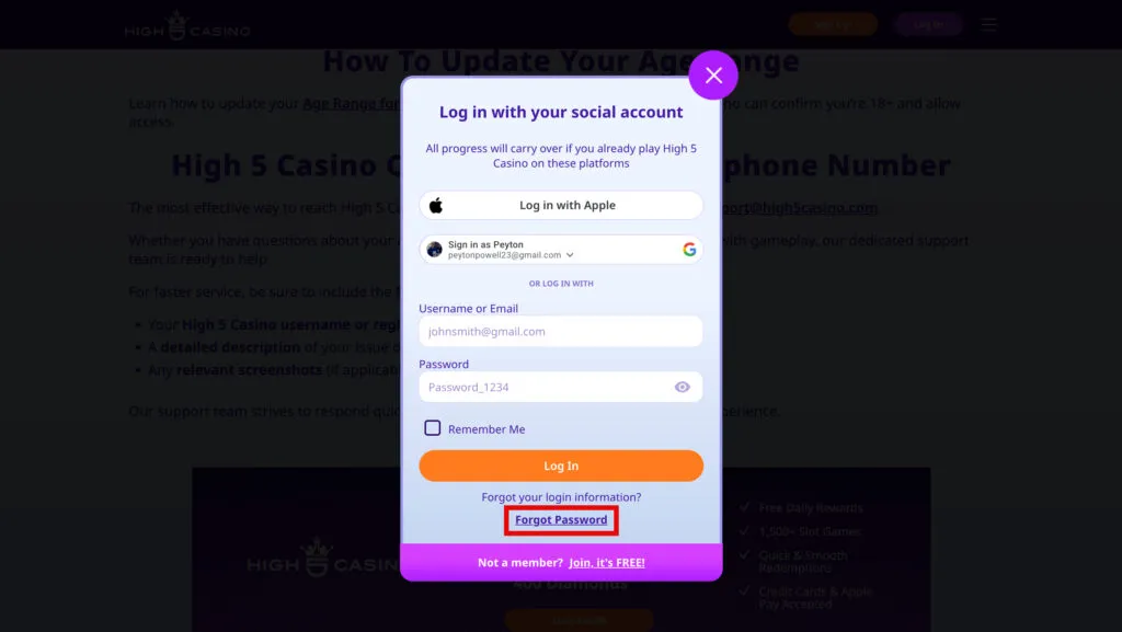 High 5 Casino login screen showing the “Forgot Password?” reset option