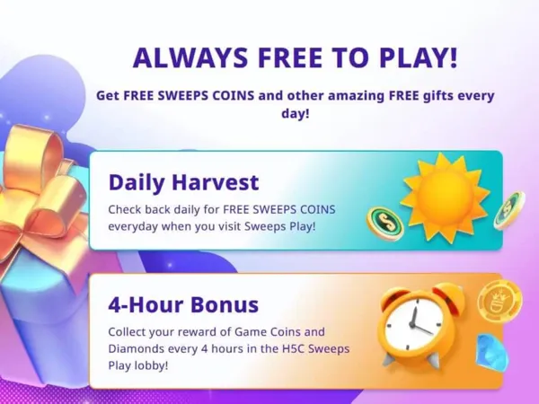 High 5 Casino login bonus breakdown showing the Daily Harvest and 4-Hour Bonus rewards