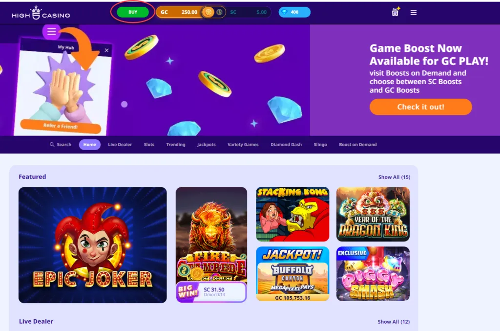 High 5 Casino homepage with the Buy Coins button circled