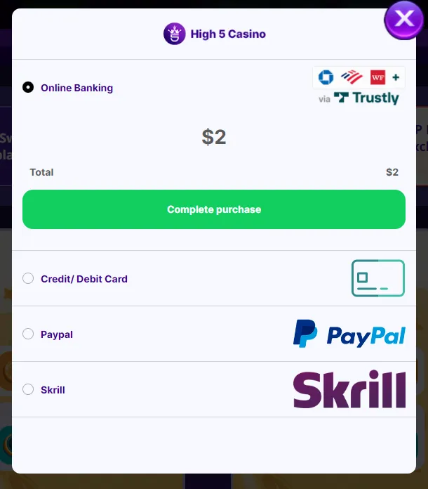 High 5 Casino payment options for coin purchases