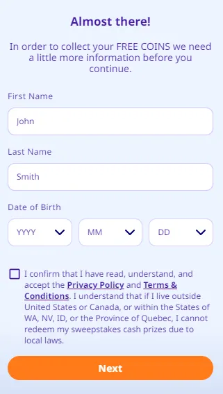 High 5 Casino registration page showing fields for name and date of birth, plus terms and conditions