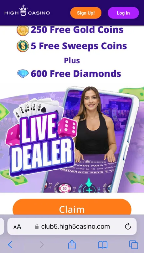 High 5 Casino registration page showing sign-up bonus for new players