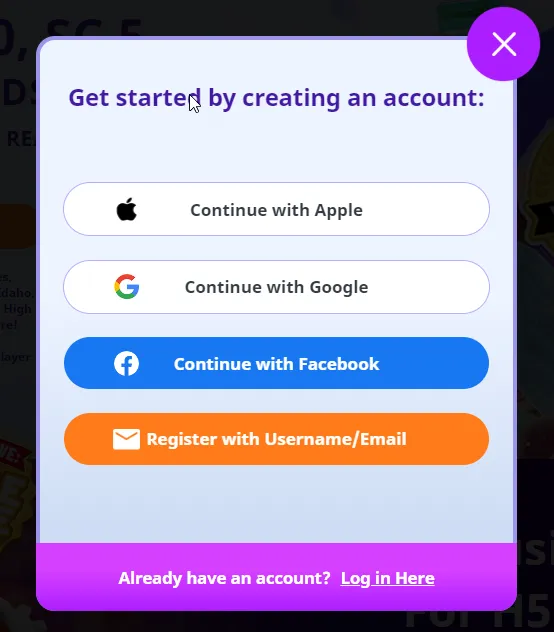 High 5 Casino login screen showing sign-in options with Apple ID, Google, Facebook, or email
