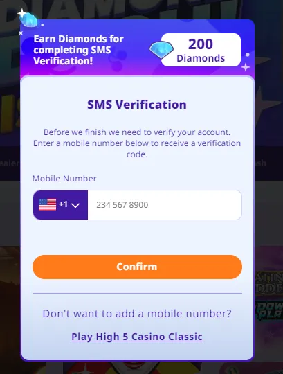High 5 Casino verification page requesting phone number for SMS confirmation