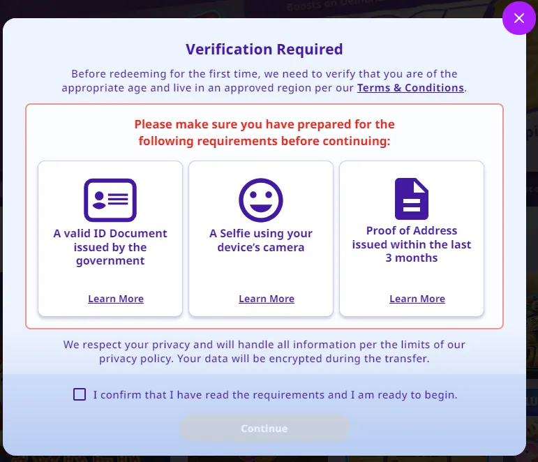 High 5 Casino verification page requesting photo ID, selfie, and proof of address