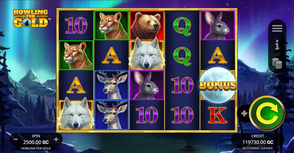 Howling for Gold online slot game featuring wolves, wild symbols, and bonus reels at an Alaska social casino
