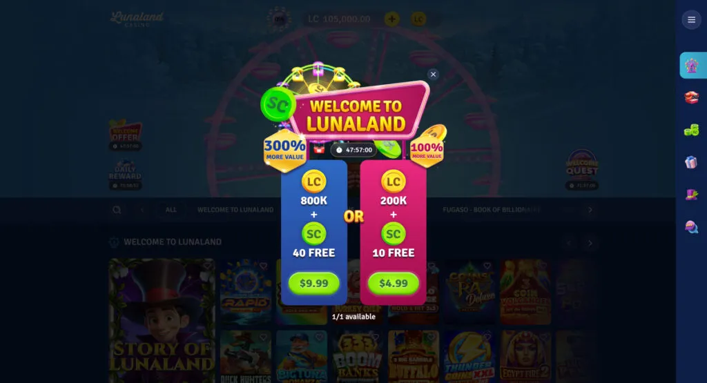 Example of a 300% first-purchase bonus at Lunaland social casino