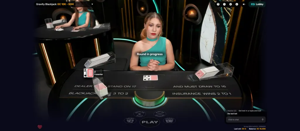 Live dealer Gravity Blackjack game streamed online at a South Dakota casino
