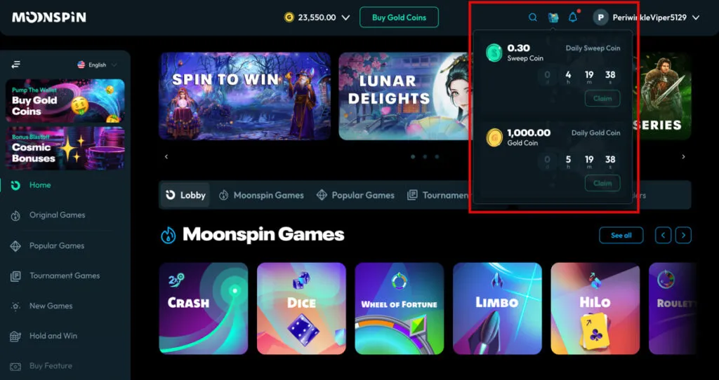 Moonspin Daily Login Bonus section showing where to claim free Gold Coins and Sweeps Coins after logging in