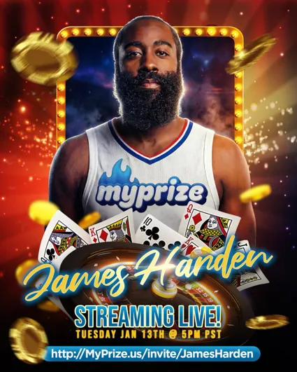 James Harden shown as a brand ambassador for MyPrize social casino