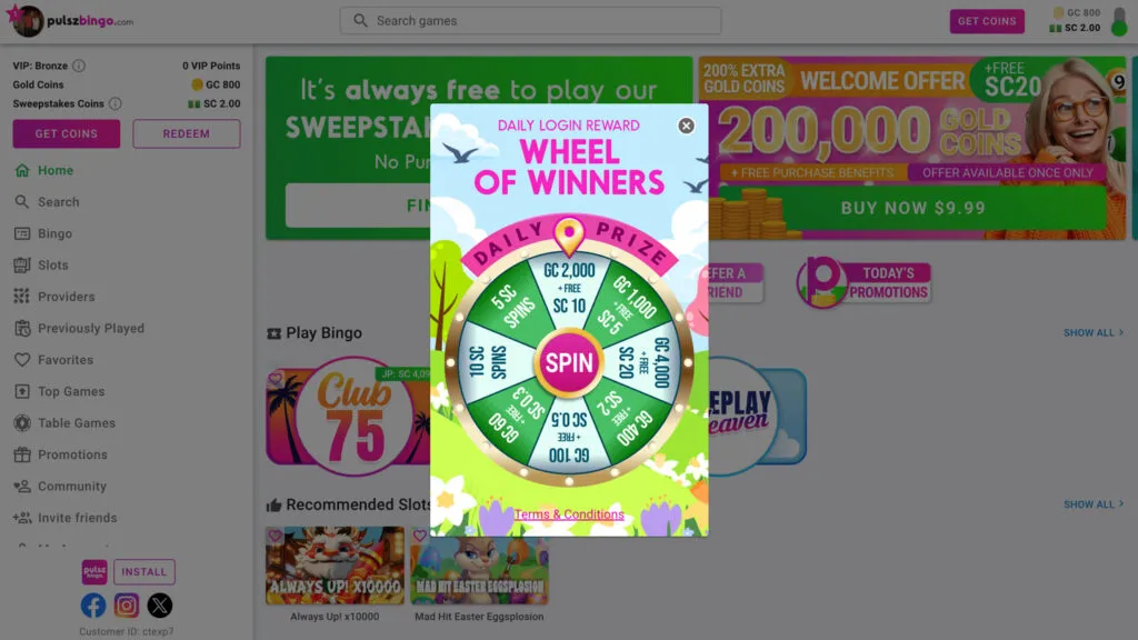 Daily login reward wheel on Pulsz Bingo