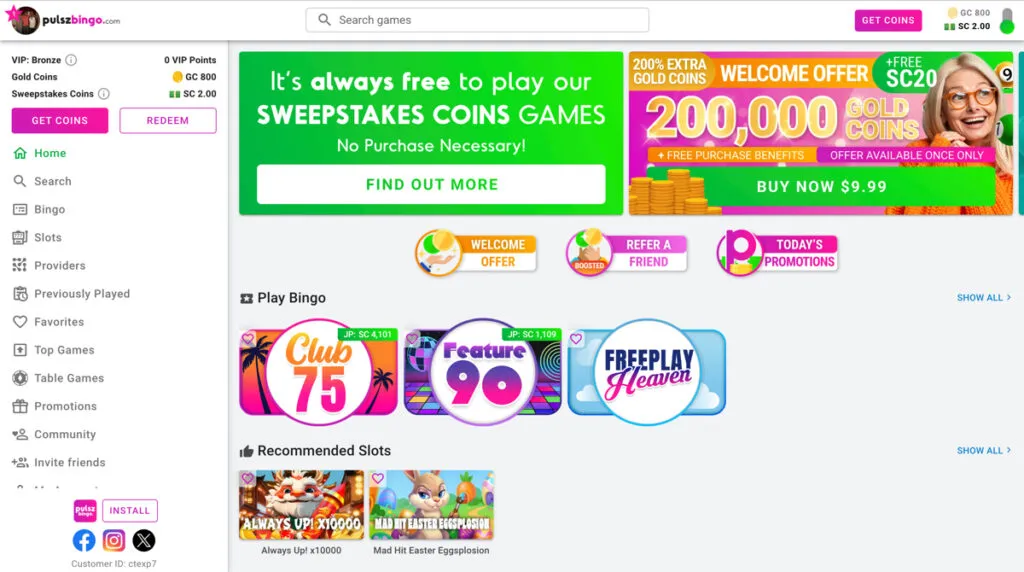 Pulsz Bingo desktop website with left-hand sidebar navigation