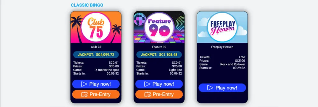 Pulsz Bingo lobby showing Club 75, Feature 90, and Freeplay Heaven rooms