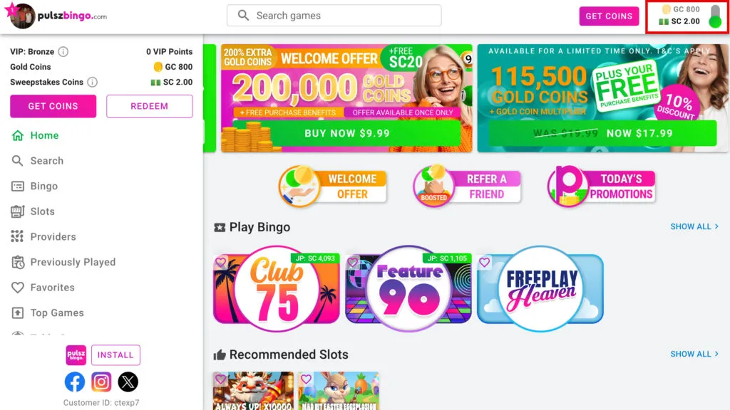 Toggle option on Pulsz Bingo to switch between Gold Coins (GC) and Sweeps Coins (SC)