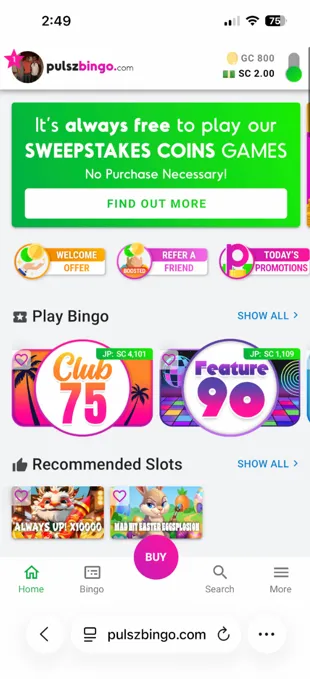 Pulsz Bingo mobile website showing bottom navigation menu