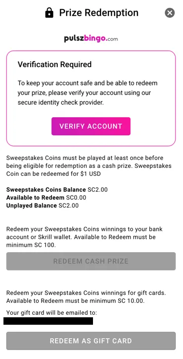 Pulsz Bingo prize redemption page showing cash and gift card options
