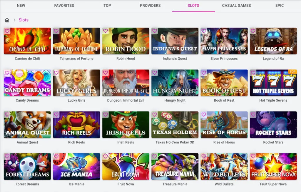 Slots game selection on Pulsz Bingo