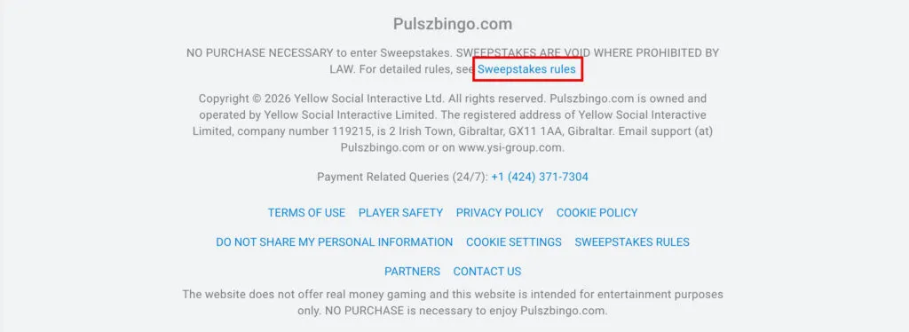 Pulsz Bingo footer showing link to official sweepstakes rules